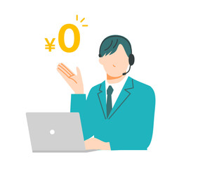 無料をアピールするヘッドセットをしたスーツの男性のイラスト