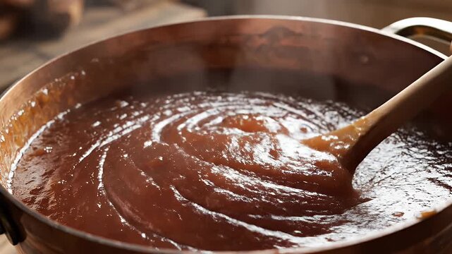 A wooden spoon stirs thick, bubbling, amber-colored jam in a rustic copper pot
