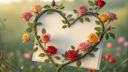 High-End Valentine Blank Card with Intertwined Rose Stem Heart Frame in Spring Light