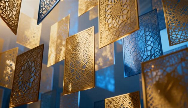 floating geometric panels inspired by islamic patterns with soft light reflections perfect for eid mubarak and ramadan