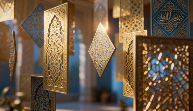 floating geometric panels inspired by islamic patterns with soft light reflections perfect for eid mubarak and ramadan