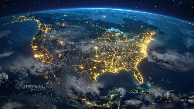 Spectacular view of the United States from space, illuminated by city lights.