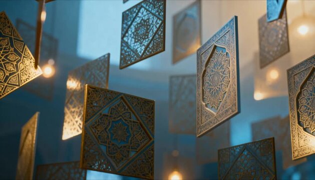 floating geometric panels inspired by islamic patterns with soft light reflections perfect for eid mubarak and ramadan