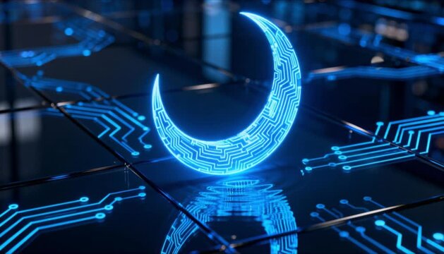 futuristic crescent moon made of glowing blue circuit board lines perfect for eid mubarak and ramadan