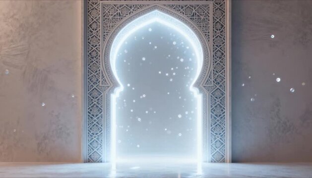 futuristic portal in the shape of an islamic arch with glowing white light perfect for eid mubarak and ramadan