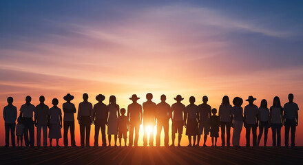 Naklejka premium Diverse Group of People Standing Together During Sunset.