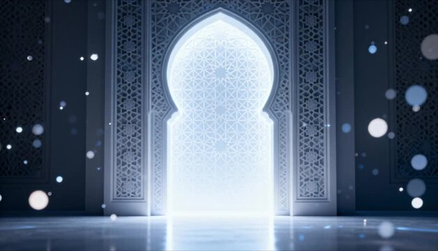 futuristic portal in the shape of an islamic arch with glowing white light perfect for eid mubarak and ramadan