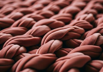 Fototapeta premium Close Up Texture of Terracotta Chunky Knit Wool Blanket with Interwoven Thick Soft Yarn Threads