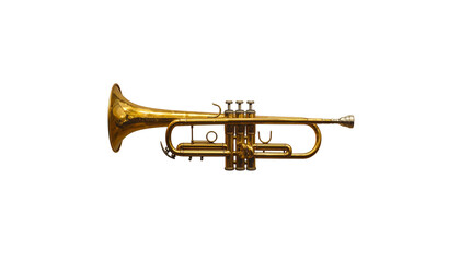Obraz premium A gleaming brass trumpet, complete with mouthpiece and valves, is placed separately against a white background