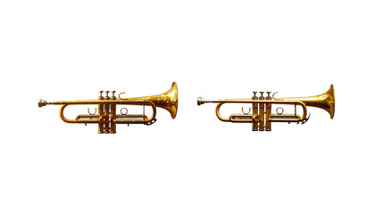 Obraz premium A gleaming brass trumpet, complete with mouthpiece and valves, is placed separately against a white background