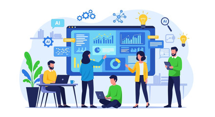 Modern business team collaborating on a digital strategy with charts, graphs, and AI elements on a large screen
