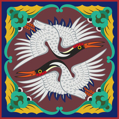 Fototapeta premium Korean Traditional Twin Crane Pattern Vector : Symbolic Illustration for Longevity, Marital Bliss, and Success | 한국 전통 쌍학(雙鶴)문양 벡터