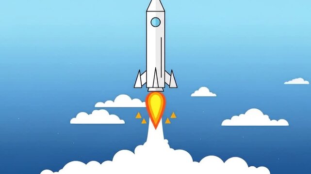 Rocket Launching into Blue Sky with Clouds Business Startup Concept.