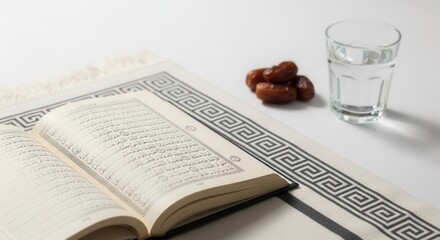 Open Quran with Glass of Water and Dates on White Surface.
