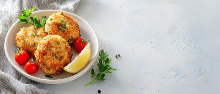 Delicious crab cakes with fresh parsley and cherry tomatoes served in a white bowl on a light gray background, garnished with a lemon wedge, overhead view, in a minimalist and appetizing sty