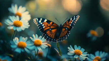 Obraz premium A monarch butterfly with orange and black wings sits on a stem with white daisy flowers.