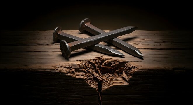 Three large rusty iron nails with square heads lying on a broken wooden beam under dramatic light