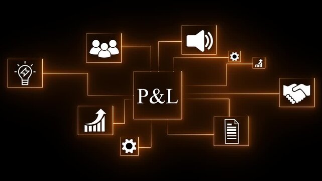 Cloud P&L network diagram with glowing neon icons for business growth customer service teamwork and cyber security on black background. 4K