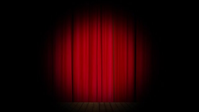 Animated red curtain with spotlight opening to reveal a green screen background, creating a dramatic and theatrical atmosphere.