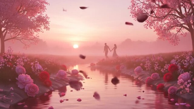 Romantic Sunset with Couple and Falling Petals by a Serene River.
