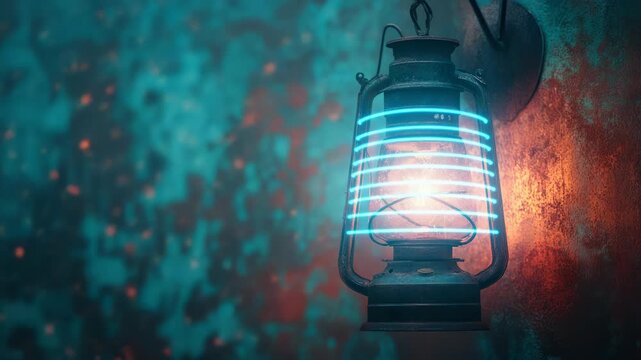 A vintage oil lamp with neon glow, set against textured, faded teal and orange wall