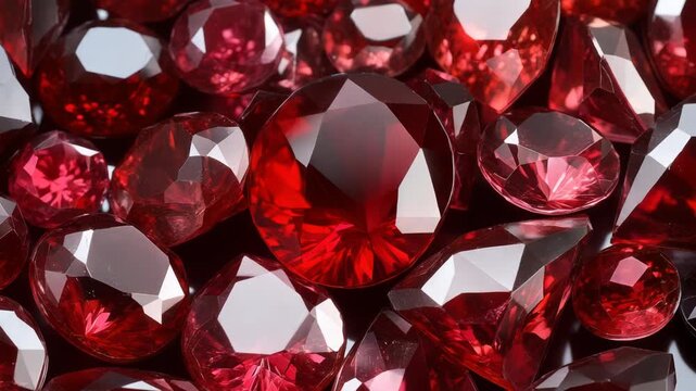 A close-up shot showcasing a collection of bright, faceted, red gemstones