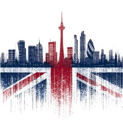 Naklejka premium A stylized skyline featuring iconic buildings and a British flag motif, symbolizing a blend of culture and urban architecture.