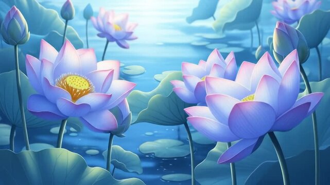 Serene Blue Lotus Pond with Blooming Flowers and Lily Pads in Gentle Light.