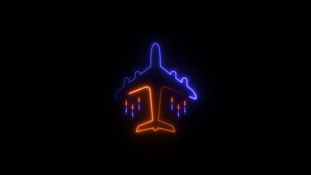 Neon airplane icon animation on black background. aircraft flight, glowing neon line motion. Spacecraft flight, space technology 4k video.
