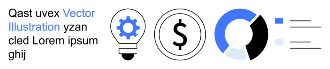 Obraz premium Business strategies, financial planning, innovation, analytics, data presentation, organization. Light bulb with gear, dollar sign pie chart and text lines displayed. Business strategies