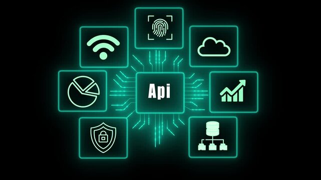 Futuristic neon circuit board with Api representing artificial intelligence, cybersecurity, biometric,s cloud data analytics and digital network growth.
