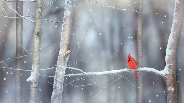 Northern Cardinal on Snowy Birch Branch in a Winter Forest ~ Created using Generative AI