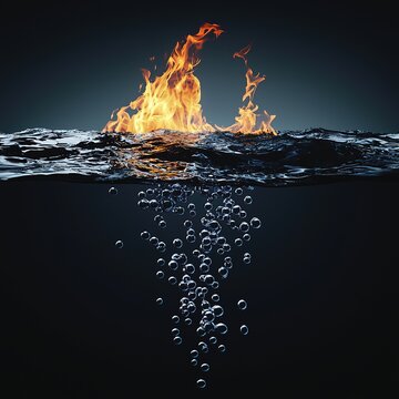 Duality of energy: burning flame contrasts with calm hydrogen bubbles in water.