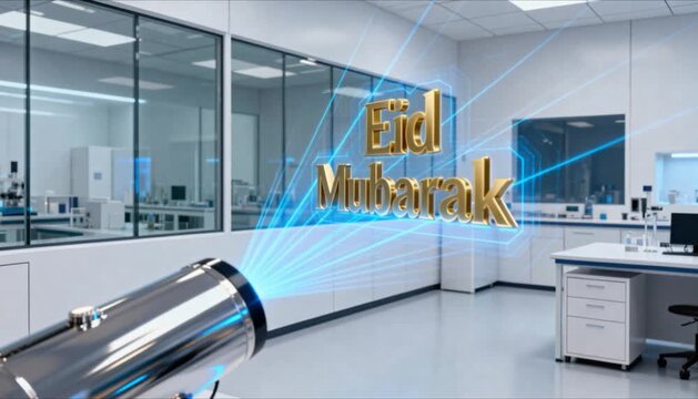holographic eid greeting projected from a sleek metallic device perfect for eid mubarak and ramadan