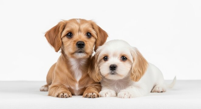Two adorable Cavachon puppies lying on a white surface.