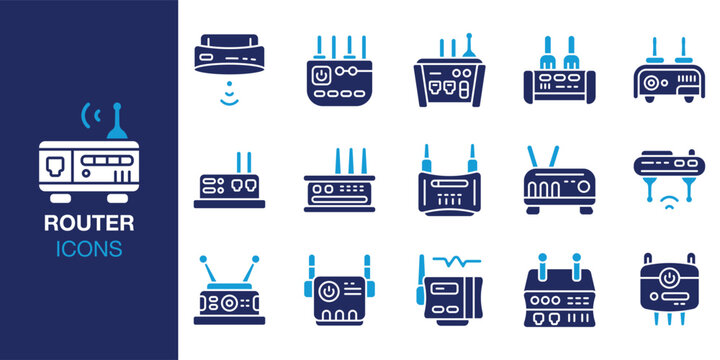 Router Icon set. Containing broadband, modem, access point, hotspot, antenna and more. Solid vector icons collection. Vector illustration.
