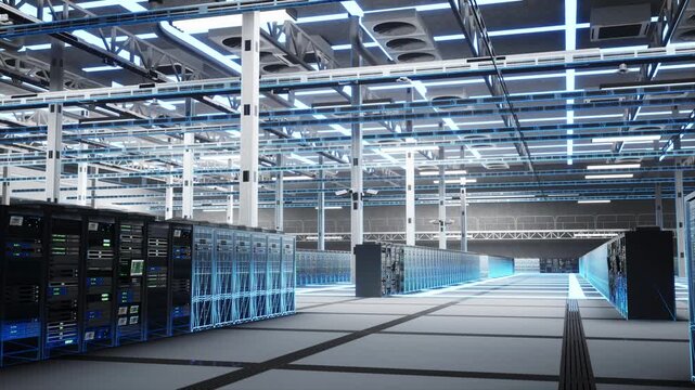 Digital twin scan, server racks and blue wireframe virtualization in data center. Holographic overlay animation over hardware for infrastructure mapping in modern server farm facility