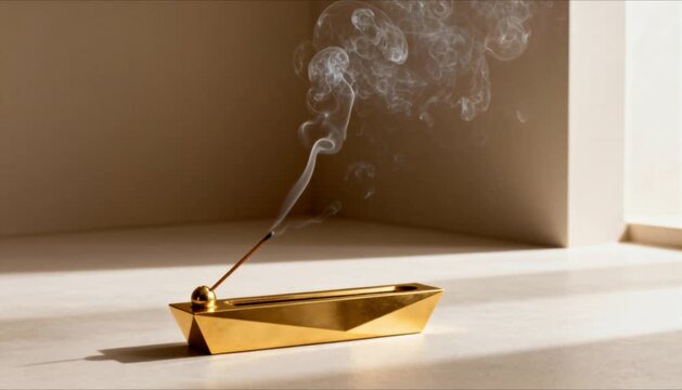slow motion of a gold incense burner releasing thick oud smoke perfect for eid mubarak and ramadan