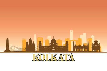Obraz premium Global city Kolkata shown in a detailed vector skyline with a golden hour sky