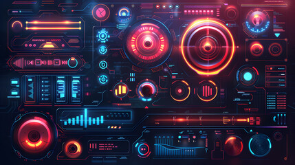 Futuristic U I with neon buttons and holographic in blue and red tones interface
