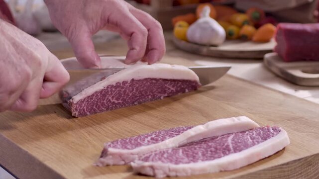Close up shot of a chef's hands slicing a raw highly marbled Wagyu Picanha beef steak on a wooden cutting board.