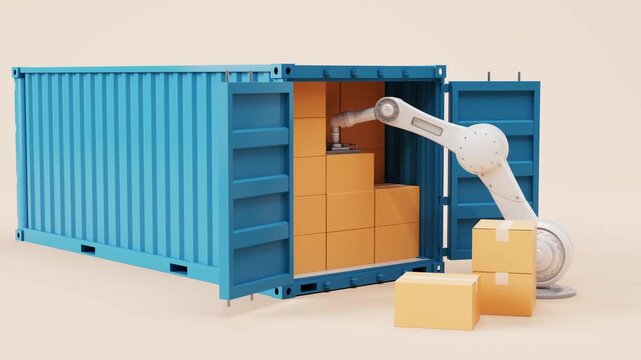 Industrial robot arm loading and unloading cardboard boxes into blue shipping container, efficient automated logistics and distribution motion footage