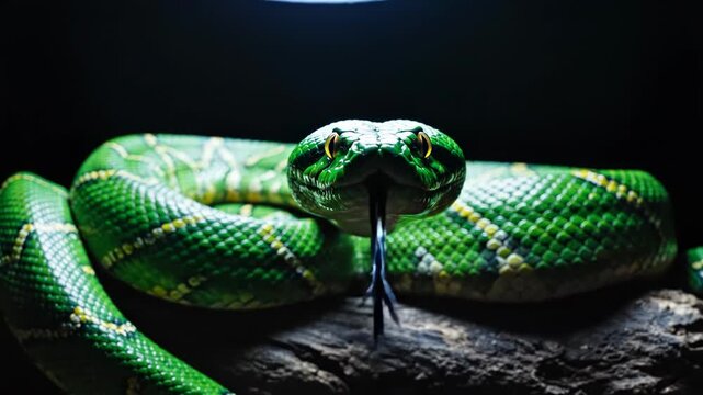 Close-up of a coiled, vibrant green snake with textured scales, golden eyes, and a focused gaze