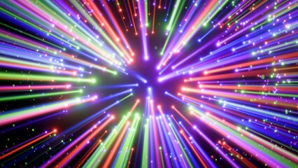 Abstract colorful neon light rays bursting from center in a futuristic high-speed motion background, light leaks