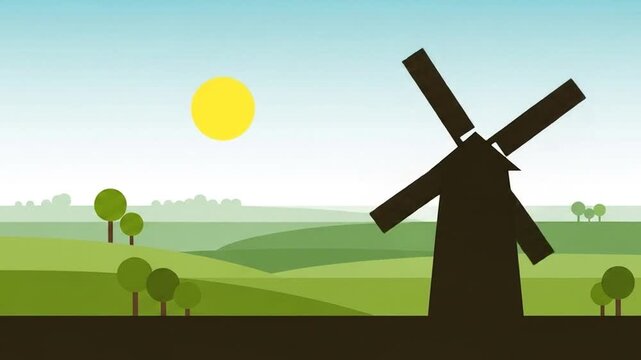 Silhouette of a windmill against a bright sunny sky and green landscape.