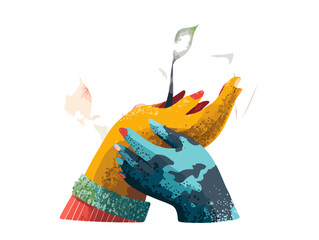 透明な背景に描かれた、異なる肌の色の手が小さな新芽を大切に育むイラスト。多様性を尊重し、環境保護と持続可能な社会への協力と未来への希望を象徴するデザイン。