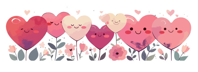 優しい水彩画のタッチで描かれた、笑顔がかわいい様々な色のハートの風船が並び、愛と幸福感を表現するロマンチックなイラストレーション。バレンタインデーや記念日、お祝いのメッセージに最適です。