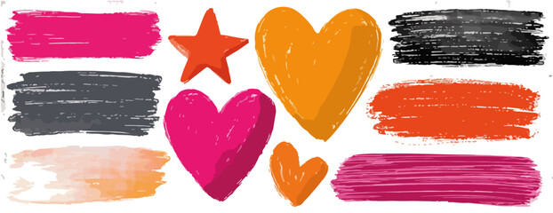 カラフルな手描きの筆跡、ハート、星のセット。透明な背景で様々なデザインプロジェクトに活用できる、ポップで楽しいイラスト素材コレクション。