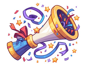 透明な背景に、紙吹雪とリボンが舞うカラフルなメガホンのイラスト。お祝い、発表、イベントの成功を象徴するポップで楽しいベクターグラフィックデザイン素材。