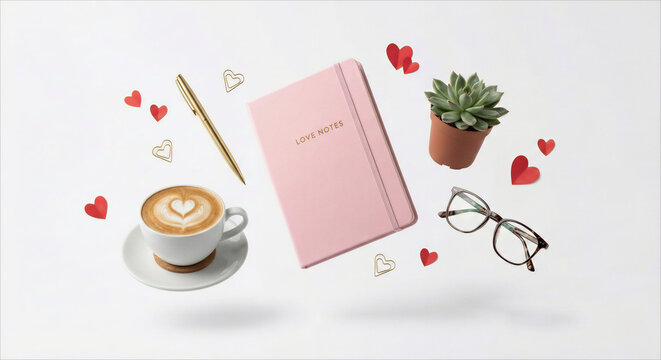 Pink notebook, heart-shaped paper clips, pen, coffee cup, and small red hearts floating neatly
